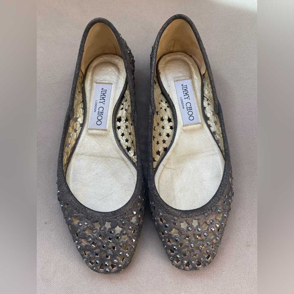 Jimmy Choo Leather Perforated Jeweled Flats